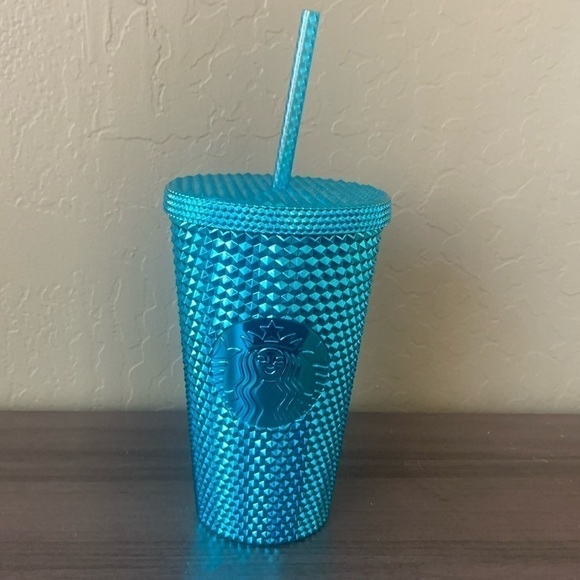 Starbucks Blue Chrome Teal Studded 16 Ounce Travel‎ Straw Cup NWT - Picture 3 of 6